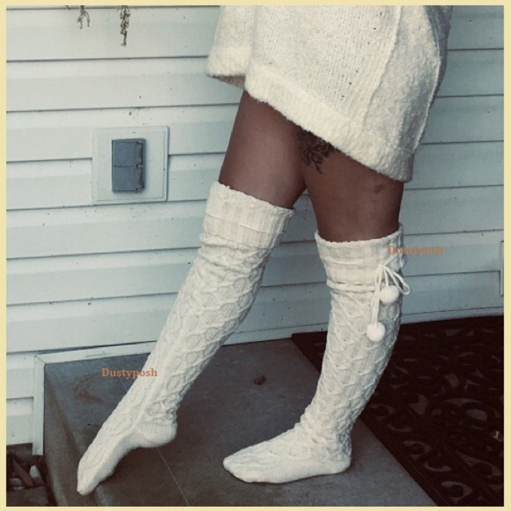 UGG Cable Pom Pom Over Knee Thigh High Socks Boot - Picture 4 of 11